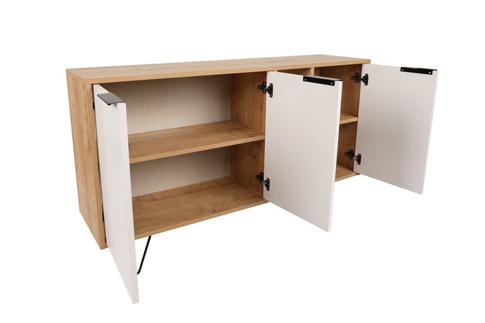 Hanah Home Consola Roble, Blanco. Fabricada 100% en tablero de partículas revestido de melamina con patas metálicas. Medidas: 142x83x35.6 cm.